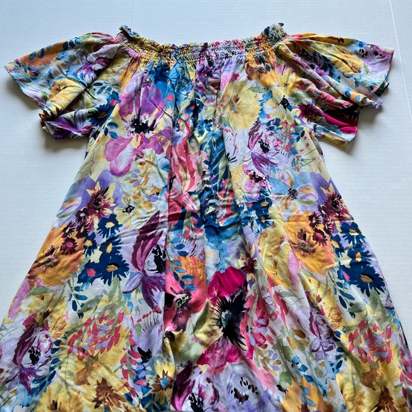 H&M Off-the-shoulder Smocked Short Wide Sleeve Floral Print Pockets Flowy Dress - Picture 5 of 14